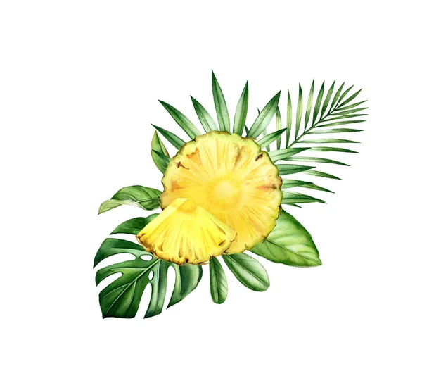 Acuarela ananas frutas en hoja de monstera. Arreglo tropical con frutas en rodajas y hojas de palma. Ilustración realista botánica dibujada a mano —  Fotos de Stock