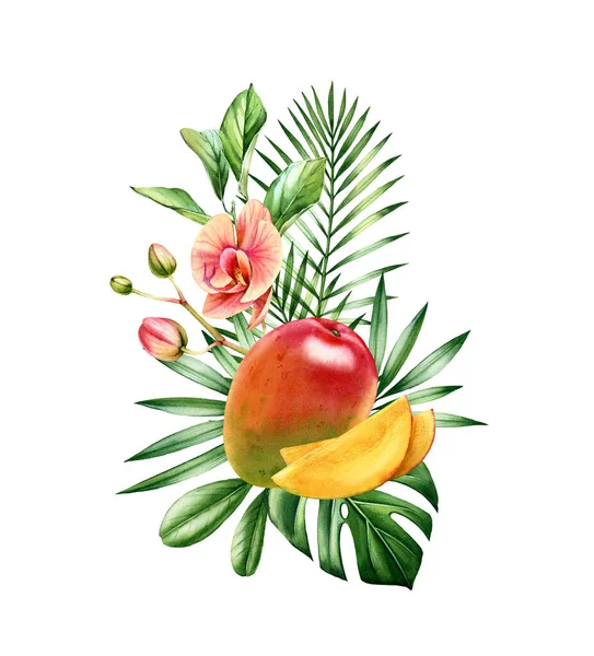 水彩マンゴーフルーツ。ジューシーな果物、熱帯蘭の花やヤシの葉の垂直花束。カード、印刷、ラベルデザインのための植物手描きイラスト — ストック写真