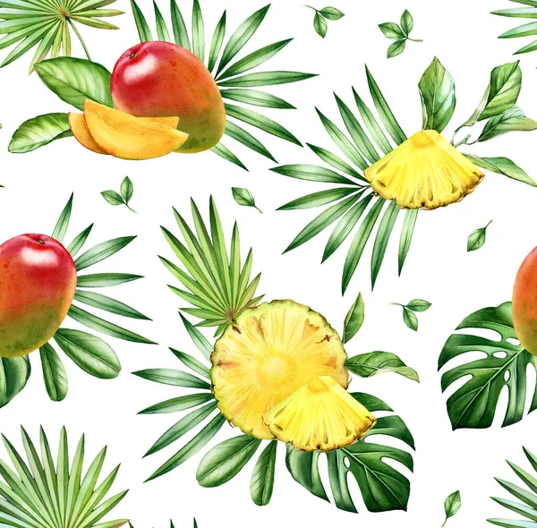 Watercolor tropical seamless pattern. Mango an ananas fruits. Exotic fruits and palm leaves isolated on white. Botanical hand drawn illustration for surface, textile, wallpaper summer design