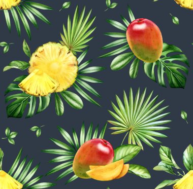 Suluboya tropikal, pürüzsüz desen. Koyu mavi arka planda egzotik meyveler ve palmiye yaprakları. Mango ve ananas meyvesi. Yüzey, tekstil, duvar kağıdı yaz tasarımı için botanik el çizimi