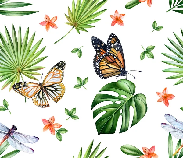 Watercolor tropical seamless pattern. Monarch butterflies, dragonflies and monstera leaves isolated on white. Small orchid flowers. Botanical floral background for surface, textile, wallpaper design
