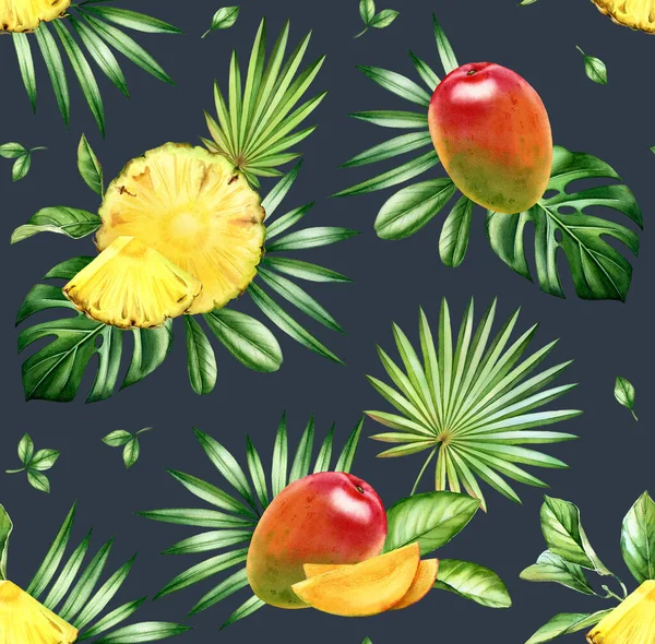 Акварельний тропічний безшовний візерунок. Екзотичні фрукти і пальмове листя на темно-синьому фоні. Манго плоди ананасів. Ботанічна намальована ілюстрація рук для поверхні, текстилю, літнього дизайну шпалер — стокове фото