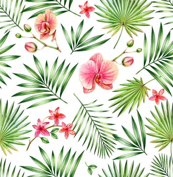 Akwarela tropikalny bezszwowy wzór. Różowe kwiaty storczyka i liście palmy izolowane na białym. Botaniczne ręcznie rysowane tło kwiatowe do projektowania powierzchni, tkanin, tapet — Zdjęcie stockowe