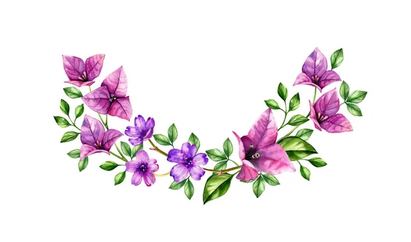 Watercolor tropical wreath. Violet bougainvillea branches in arch arrangement. Hand painted tropical background. Botanical illustrations isolated on white — Stock Photo, Image