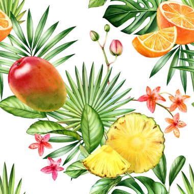 Suluboya tropikal, pürüzsüz desen. Portakal, mango ve ananas meyveleri. Beyaz üzerine izole edilmiş egzotik meyve ve hurma yaprakları. Yüzey, tekstil, duvar kağıdı yaz tasarımı için botanik el çizimi