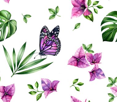 Çiçeksiz suluboya desen. Pembe bougainvillea ağacı çiçekleri, kelebekler, palmiye yaprakları beyazın üzerinde yalıtılmış. Botanik el çizimi yaz arkaplanı yüzey, tekstil, duvar kağıdı tasarımı