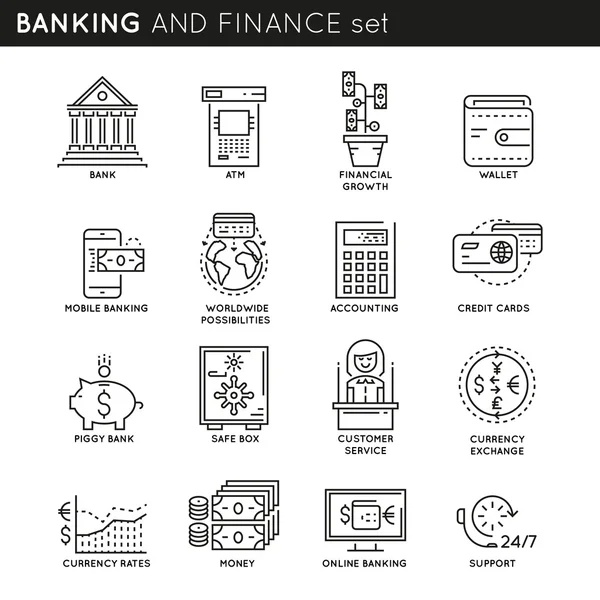 Ensemble d'icônes linéaires bancaires et financières — Image vectorielle