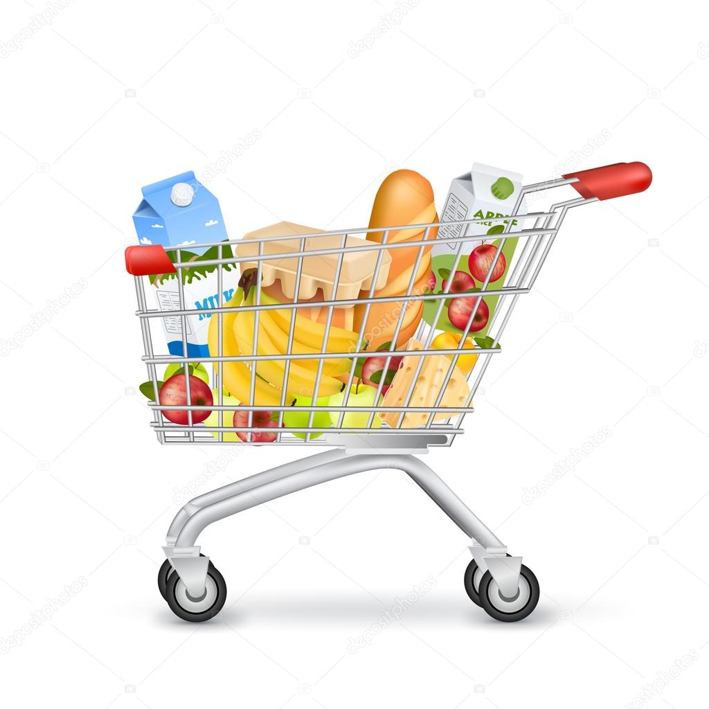 Realistic Supermarket Trolley Full Of Items — Stock Vector © Mogil