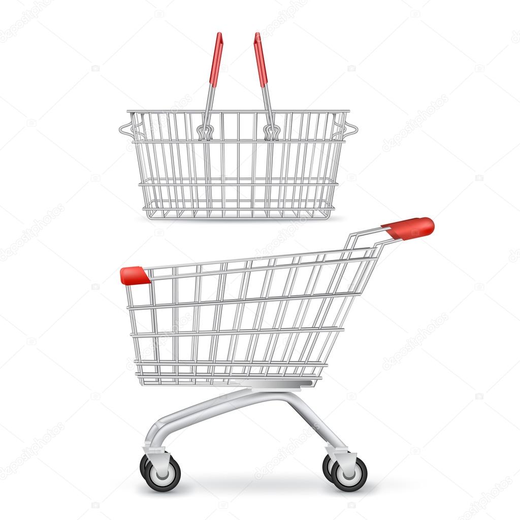 Wheeled Shopping Trolley And Basket Isolated