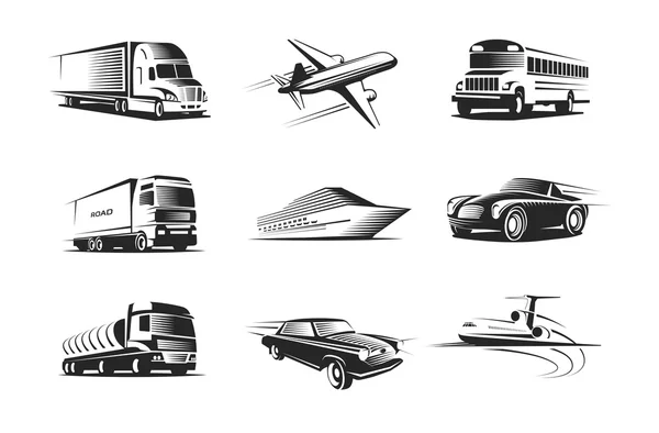 Tipos de vehículos Conjunto de símbolos monocromáticos — Vector de stock