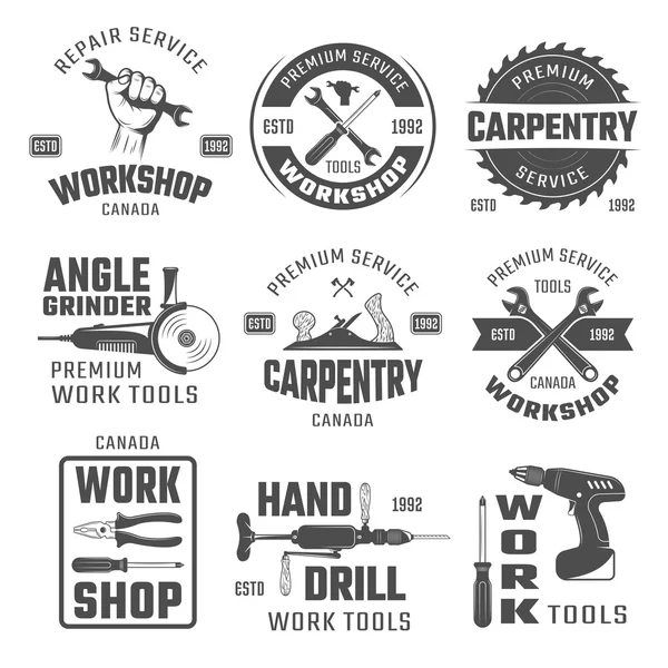 Work Tools Black White Emblems — Stockový vektor