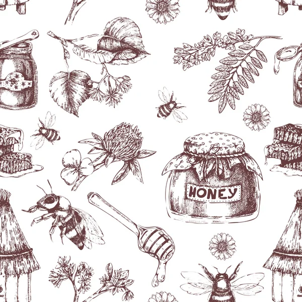 蜂蜜手の描かれたシームレス パターン — ストックベクタ