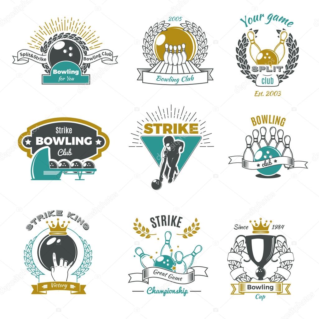 Bowling clubs vintage style logos with player and game equipment ribbons and laurel wreaths isolated vector illustration