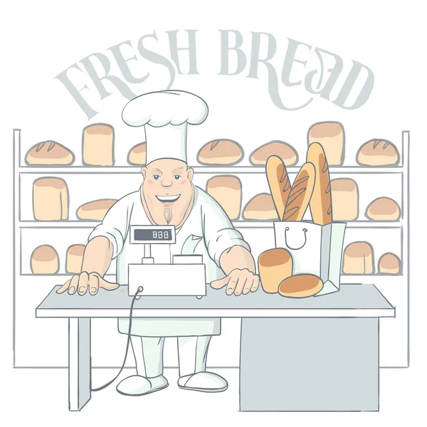 Personagem Baker desenhado à mão em sua ilustração loja — Vetor de Stock