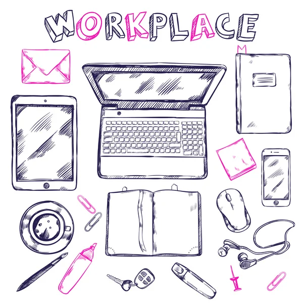 Sketch Workplace Top View Composição — Vetor de Stock