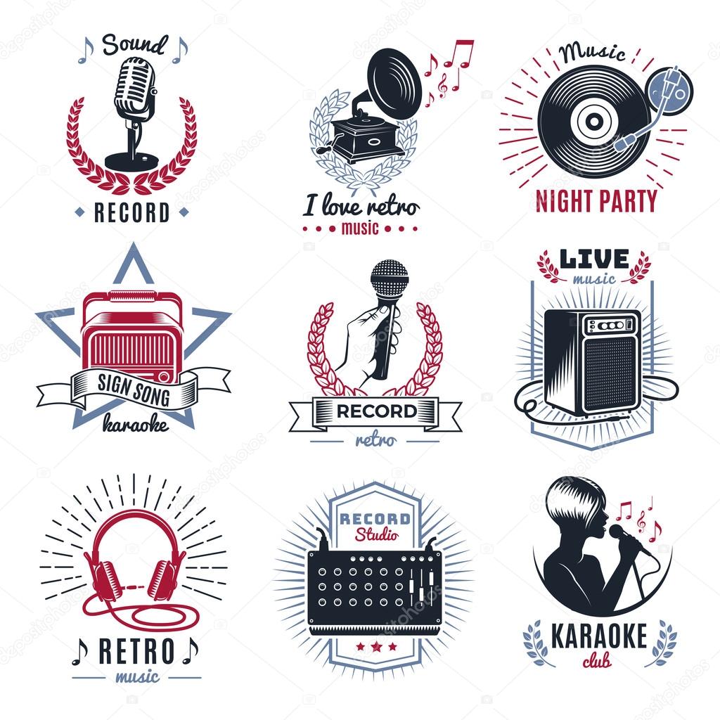 Набор Винтажных Логотипов Karaoke Векторное Изображение ©Mogil.