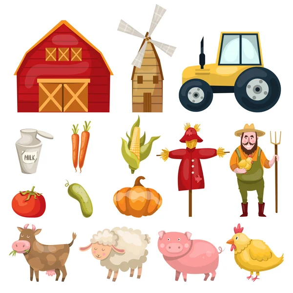 Farm Cartoon Elementi Set — Vettoriale Stock