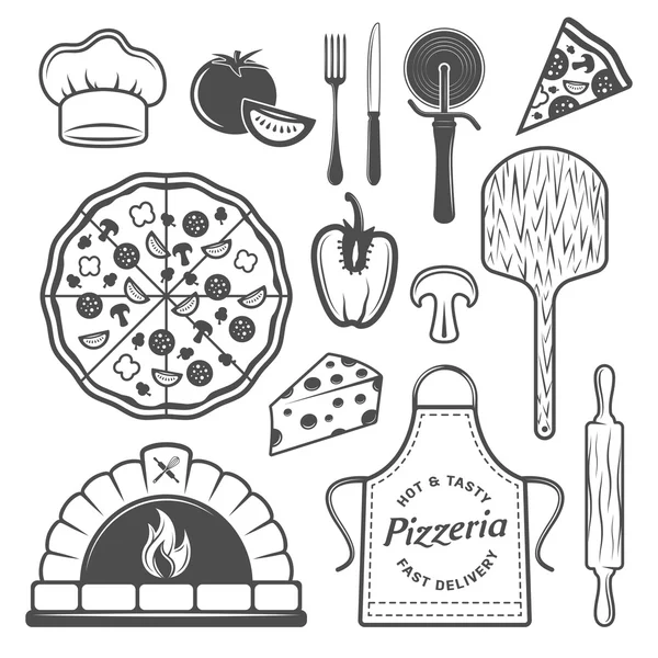 Conjunto de elementos monocromáticos de pizzería — Archivo Imágenes Vectoriales