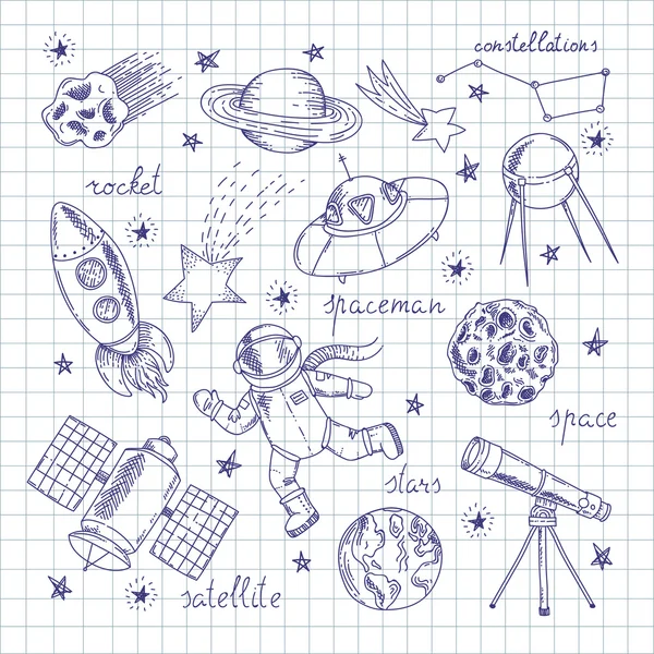 Espacio Exploradores Doodles Set — Vector de stock