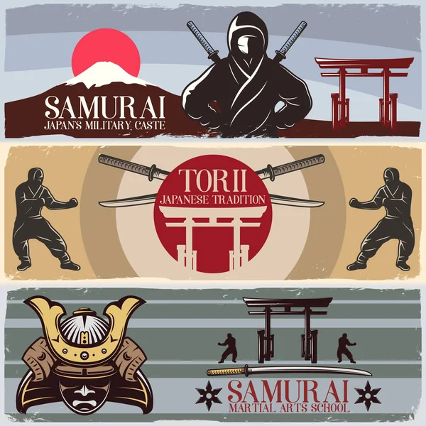 Set de Banners Horizontales Samurai — Vector de stock