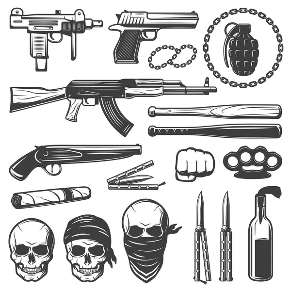 Conjunto de elementos de gangsters monocromáticos —  Vetores de Stock