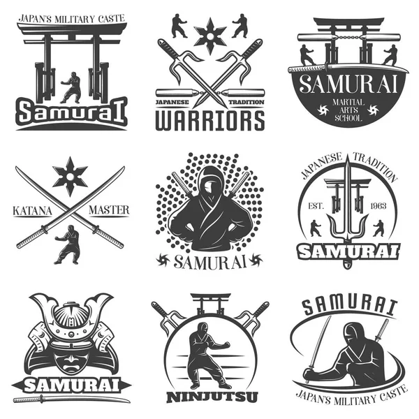 Conjunto de emblemas de samurai monocromo — Vector de stock