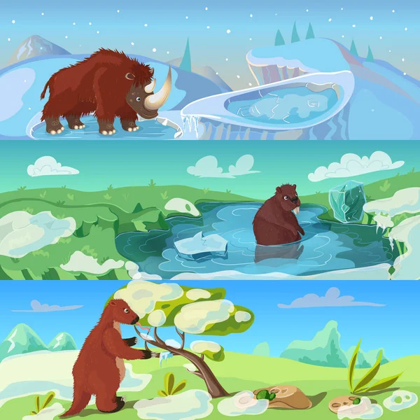Animals Ice Age Banners Set — Stock Vector