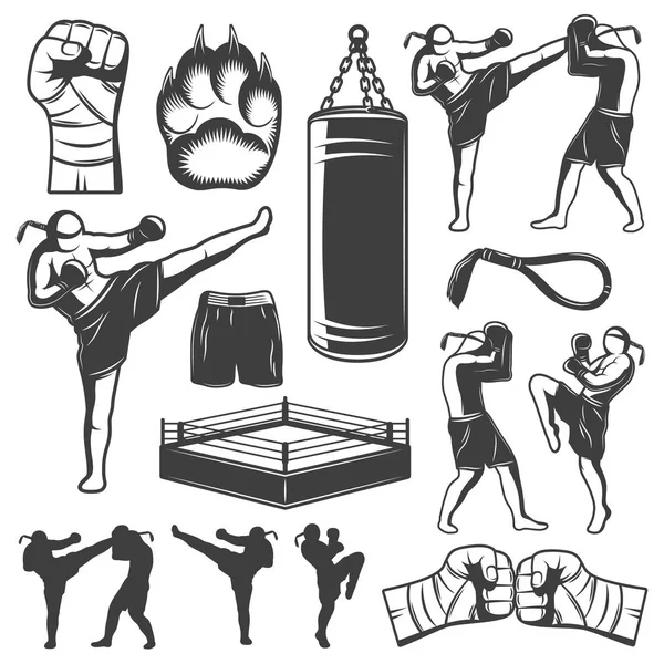 Muay Thai Éléments monochromes — Image vectorielle