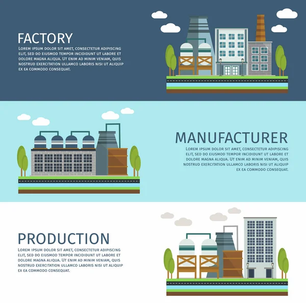 Edificios industriales Conjunto de Banners Horizontales — Vector de stock