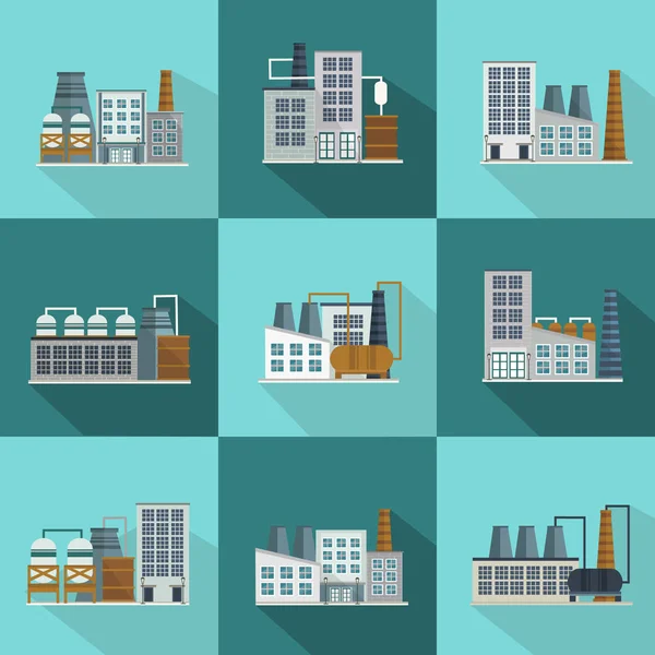 Industriële gebouwen lange schaduw plat pictogrammen — Stockvector
