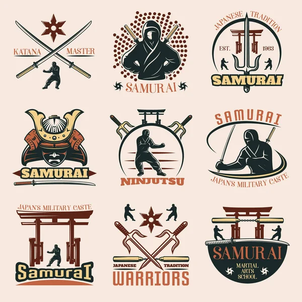 Conjunto de emblemas coloridos Samurai — Vetor de Stock