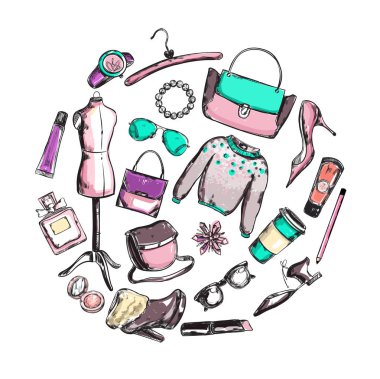 Moda giysiler yuvarlak kompozisyon