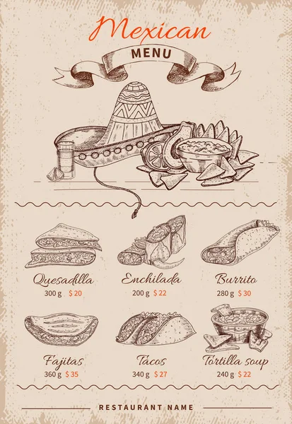 Mexikanische handgezeichnete Speisekarte — Stockvektor