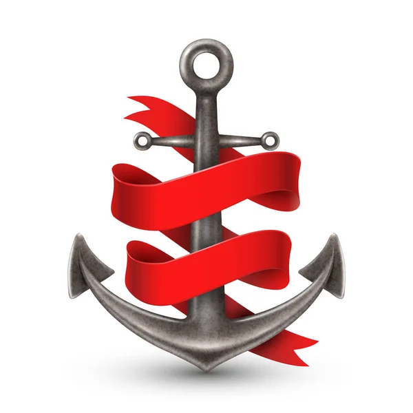 Realistic Anchor With Red Ribbon — Stock Vector