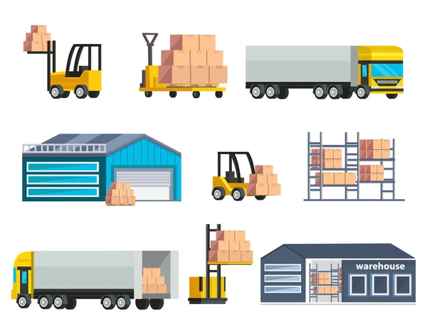 Ensemble d'éléments logistiques d'entrepôt — Image vectorielle