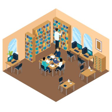 Eğitim Kütüphanesi izometrik öğrenci kompozisyon