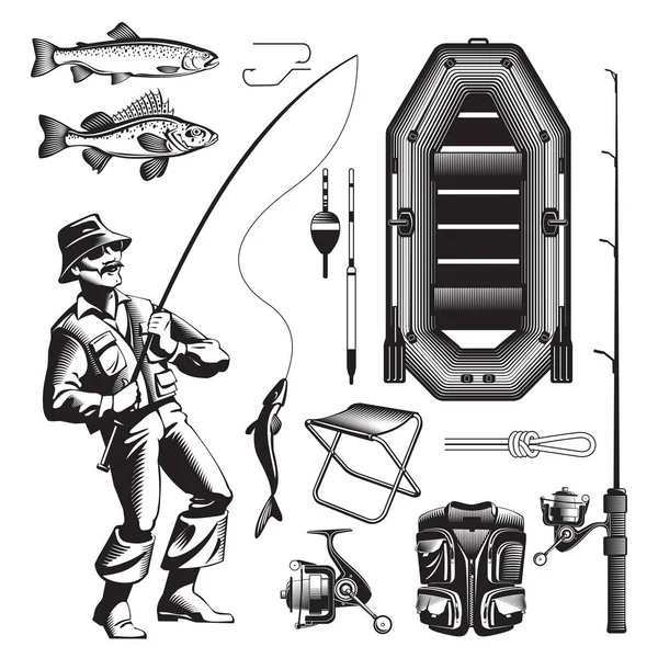 Set di elementi da pesca monocromatici — Vettoriale Stock