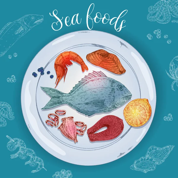 Illustration dessinée à la main de fruits de mer — Image vectorielle