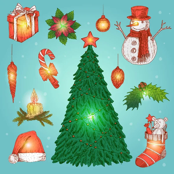 Ensemble de décorations de Noël dessinées à la main — Image vectorielle