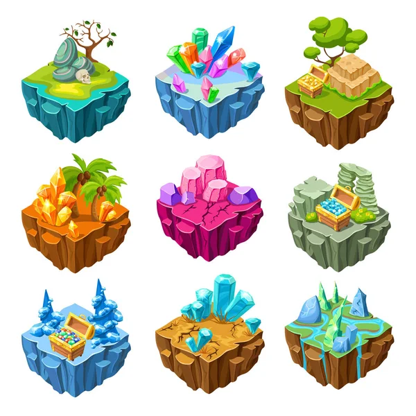 Islas de juegos con piedras Set isométrico — Vector de stock