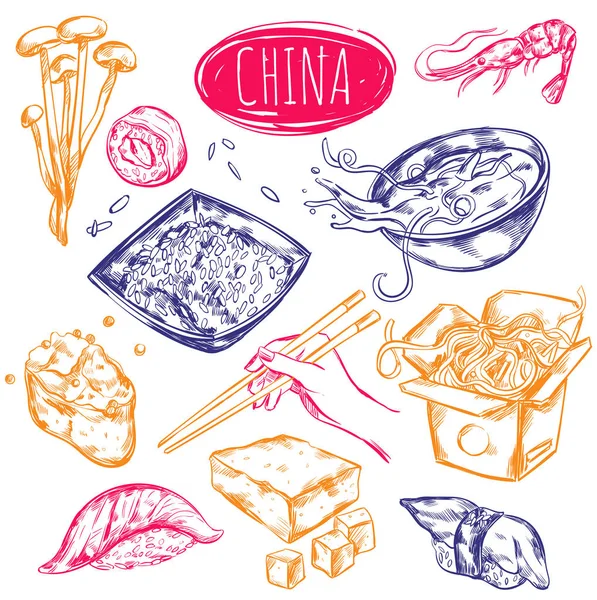 Juego de bocetos de alimentos de China — Vector de stock