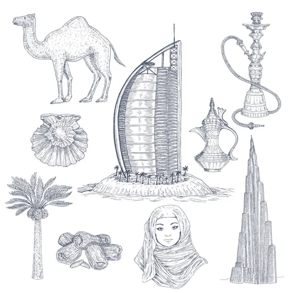 Dubai çizilmiş öğeleri kümesi — Stok Vektör