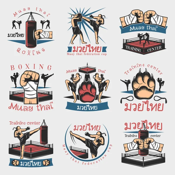 Kickboxing kolorowy zestaw emblematów — Wektor stockowy