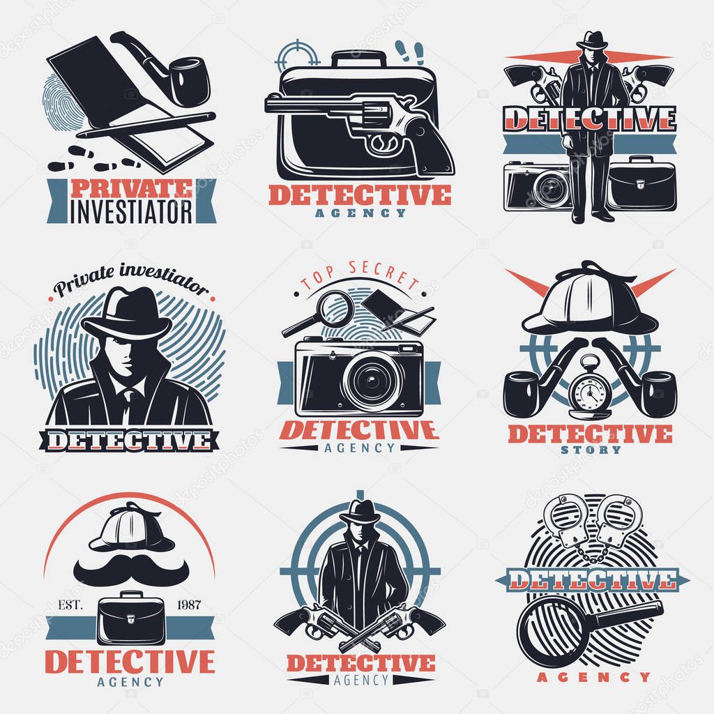 Nine isolated vintage detective labels in color with lens wristbands spy gear and fingerprint investigation symbols vector illustration