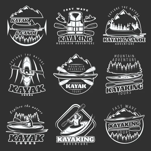 Kayaking Tours Conjunto de Emblemas — Vetor de Stock