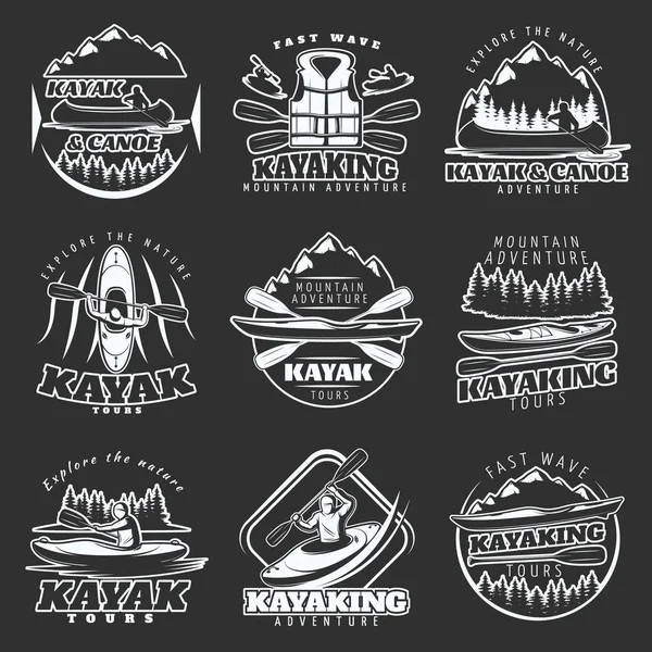 Kajakpaddling Tours Emblem Set — Stock vektor