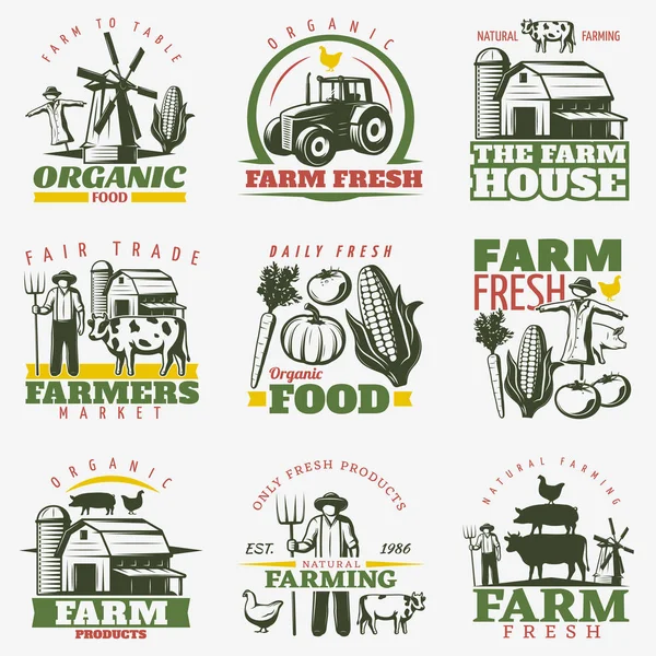 Conjunto de emblemas coloridos da fazenda — Vetor de Stock