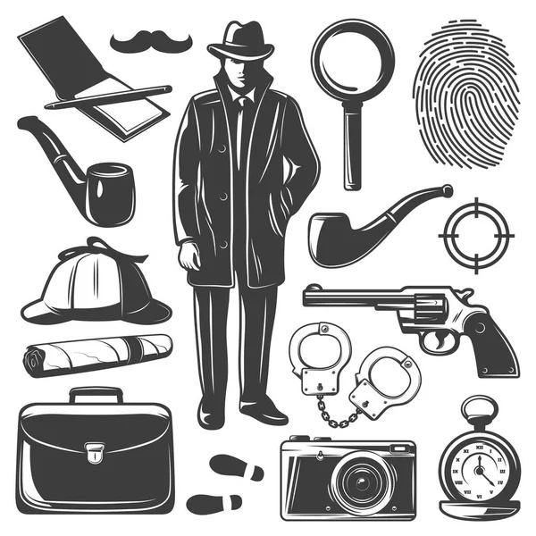 Conjunto de elementos vintage de Detective — Archivo Imágenes Vectoriales