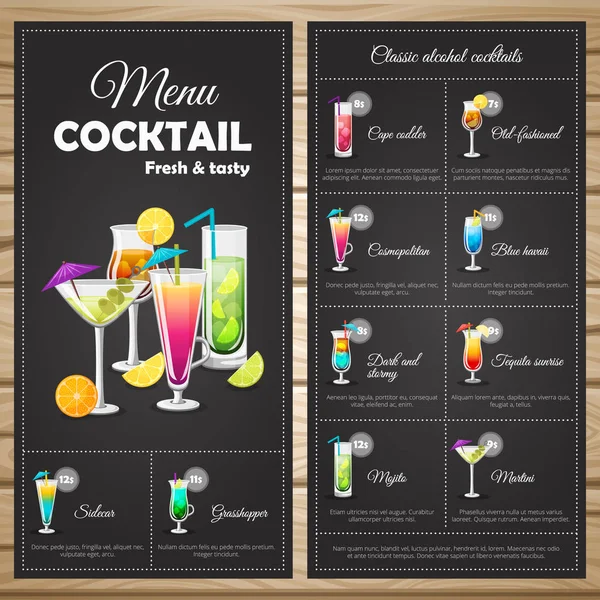 Menü klassische Alkohol-Cocktails — Stockvektor