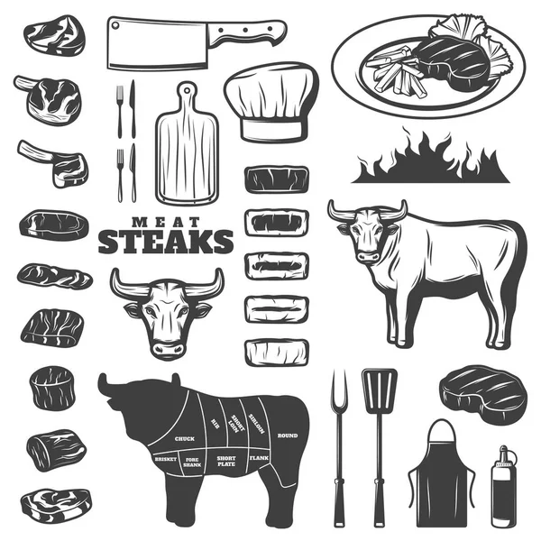 Set di icone bistecca vintage — Vettoriale Stock
